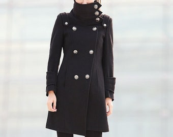 Military Coat, Hooded Coat, Wool Coat, Black Coat, Fitted Coat