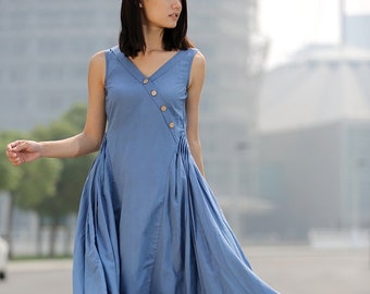 Blue Linen Dress - Maxi Casual Summer Dress Long Length Sleeveless Full Skirt Summer Fashion C256