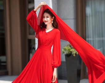 Frauen Formales rotes Chiffon-Kleid / Swing-Maxi-Kleid / Sommer-Flowy-Kleid mit langen Ärmeln / Fit und Flare-Kleid / Party-Kleid / ylistyle C1736