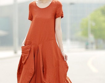 Orange Linen Dress, Linen Maxi dress, Womens Linen Clothing Casual Everyday Comfortable Plus Size Summer Fashion Basic Wardrobe Staple C351