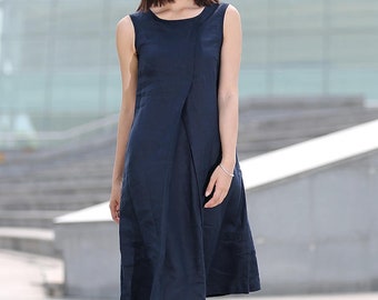 knee length dresses for ladies Loose Linen Dress Joelle Pure Black  menique