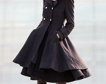 Black wool coat, Fit and flare coat, Knee length winter coat, double breasted coat, women coat, knee length woman jackets, warm coats C219