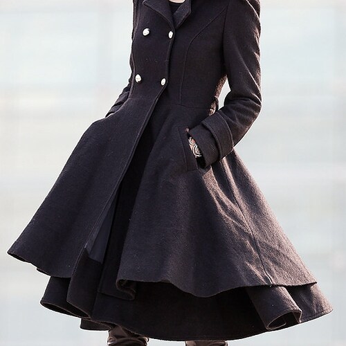 Black Wool Coat Fit and Flare Coat Knee 