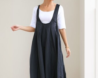 Buy Black Pinafore Dress, Linen Dress, Loose-fitting Cool Long