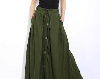Button down Linen Maxi Skirt, Womens Linen skirt, Army Green Casual Long Spring Summer Skirt with Drawstring Waist Plus Size Clothing C324