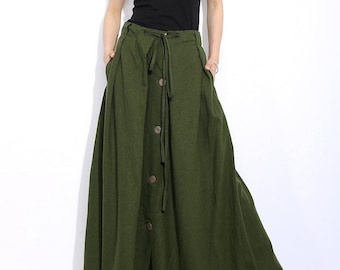 Gonna maxi in lino abbottonata, gonna in lino da donna, gonna lunga primavera estiva casual verde militare con coulisse in vita taglie forti C324