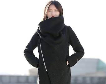 Winter wool coat, Cowl neck wool coat, asymmetrical wool coat, Winter coat women, Black Winter wool Coat, women's wool coat, Ylistyle C162