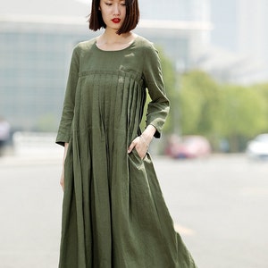 Green Linen Dress, Long linen dress, Pleated Linen dress, Loose Linen dress, womens dresses with pockets, plus size dress, Ylistyle C358