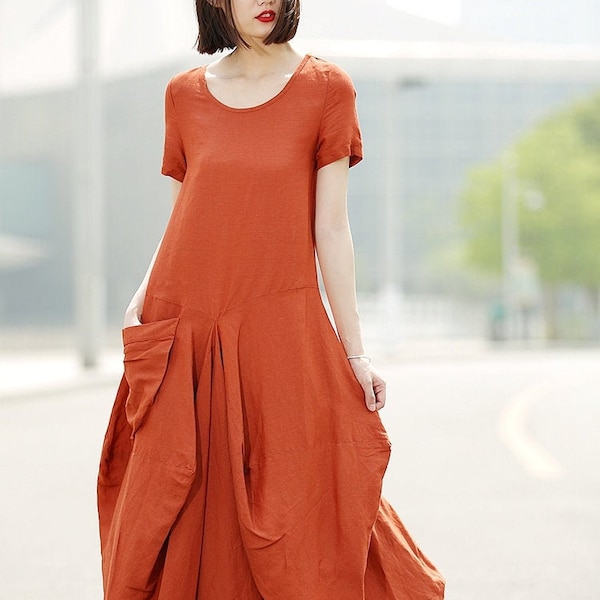 Orange Linen Dress, Linen Maxi dress, Womens Linen Clothing Casual Everyday Comfortable Plus Size Summer Fashion Basic Wardrobe Staple C351