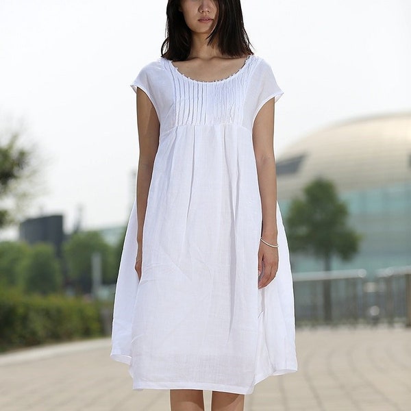 White Linen dress, Linen dress, Summer Boho Dress, Cool Loose-Fitting Midi Length Summer Floaty Dress with Pintucks and Cap Sleeves C260