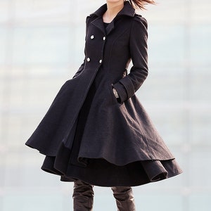 Black wool coat, Fit and flare coat, Knee length winter coat, double breasted coat, women coat, knee length woman jackets, warm coats C219 image 1