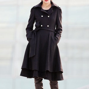 Black wool coat, Fit and flare coat, Knee length winter coat, double breasted coat, women coat, knee length woman jackets, warm coats C219 1-black