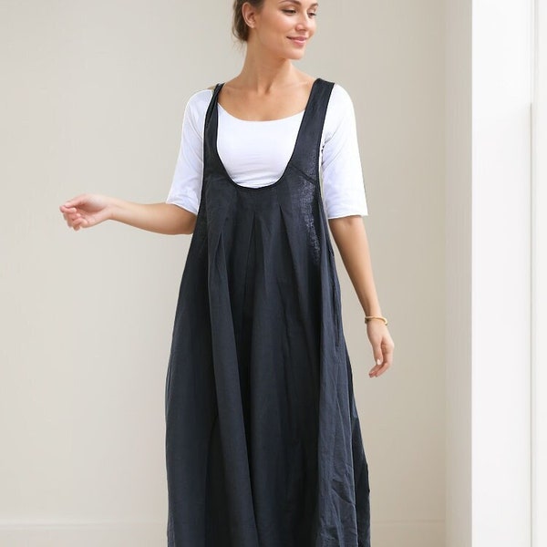 Black Pinafore Dress, Linen dress, Loose-Fitting Cool Long Black Maxi Linen Summer Suspender Dress Plus Size Clothing C279