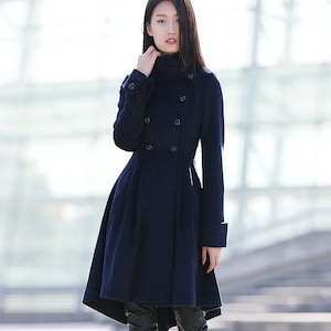 Blue coat, winter coat, wool coat, womens coat, midi wool coat, navy blue coat, coat, warm winter coat, Asymmetrical coat, warm coat C164