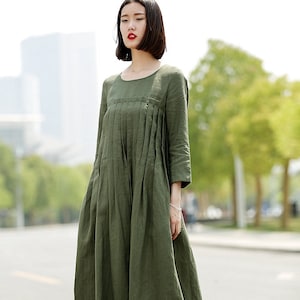 Green Linen Dress, Long Linen Dress, Pleated Linen Dress, Loose Linen ...