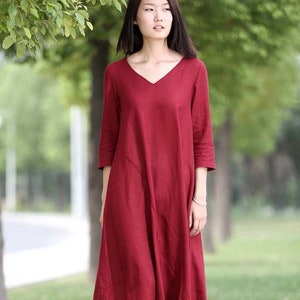 Rotes Leinenkleid - Midi-Länge Lockeres Übergröße-V-Ausschnitt Lässige Alltags-Bequeme Damenbekleidung C264
