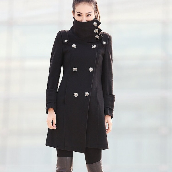 Black wool coat, Military Winter coat, Military Jacket, Wool Double-Breasted Uniform Style Warm Coat Short Length, Ylistyle C211