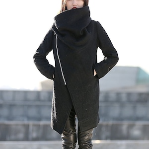 Winter Wool Coat, Cowl Neck Wool Coat, Asymmetrical Wool