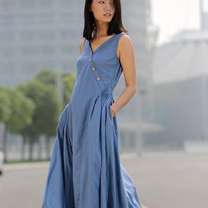 Blue Linen Dress Maxi Casual Summer Dress Long Length Sleeveless Full ...