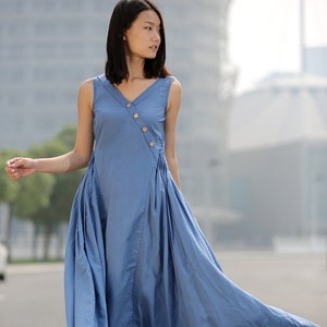 Blue Linen Dress - Maxi Casual Summer Dress Long Length Sleeveless Full Skirt Summer Fashion C256