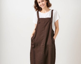 Women Casual Linen strappy dress, Brown strappy dress women, Midi Vest Dress, Strap Dress, Loose Overalls With Pockets, ylistyle C1700