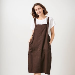 Women Casual Linen strappy dress, Brown strappy dress women, Midi Vest Dress, Strap Dress, Loose Overalls With Pockets, ylistyle C1700