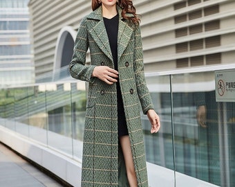 Green Plaid Wool Coat, Long Wool Coat, Winter Coat Women, Belted Wool Coat, Wool trench coat, Warm Wool Coat, Custom Coat, Ylistyle C3031