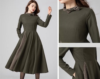 Wool Dress Women, Midi Wedding Dress, Elegant Dress, Warm Winter Dresses, Pleated Dress, Army Green Wool Dress, Patchwork Dress C3580