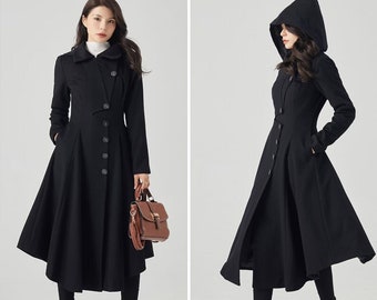 Black Wool Coat, Long Wool Coat, Hooded Wool Coat, Trench Coat, Asymmetrical Coat, Wool Dress Coat, Handmade Coat, Ylistyle C3562