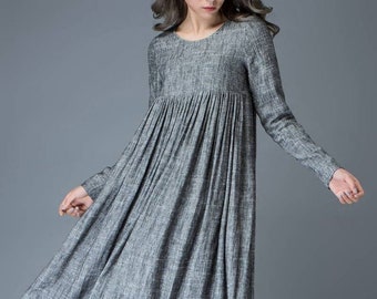 Maxi Linen dress - Comfortable Linen Loose-Fitting Long Sleeved Everyday Marl Grey Midi-Length Woman's Dress C808