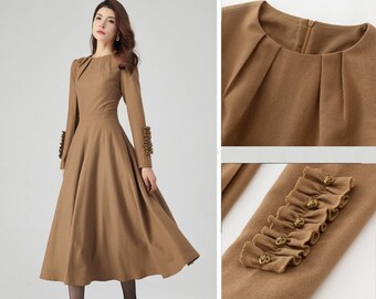 Wool Dress, Winter Dress Women, Fit and Flare Dress, Dress with Pockets, Long Sleeves Dress, Midi Wool Dress, Handmade Dress, Ylistyle C3540