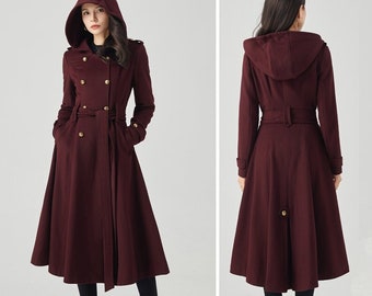 Double Breasted Wool Coat, Hooded Coat, Long Wool Coat Women, Warm Winter Coat, Casual Coat, Elegant Coat, Womens Coat, Handmade Coat C3569