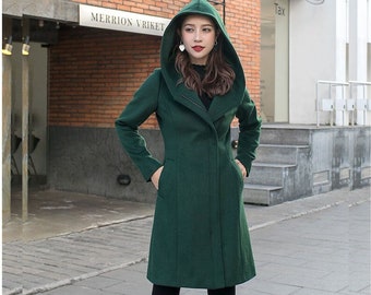 Green Hooded Wool Coat, Short wool coat, Winter wool Coat, Warm winter Coat,  Womens wool coat, Autumn winter coat, Handmade coat C2587