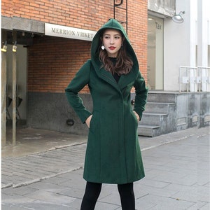 Green Hooded Wool Coat, Short wool coat, Winter wool Coat, Warm winter Coat,  Womens wool coat, Autumn winter coat, Handmade coat C2587