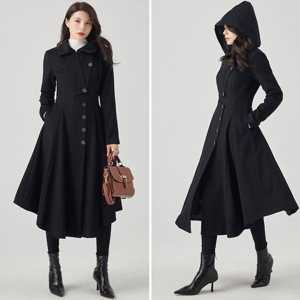 Black Wool Coat, Long Wool Coat, Hooded Wool Coat, Trench Coat, Asymmetrical Coat, Wool Dress Coat, Handmade Coat, Ylistyle C3562