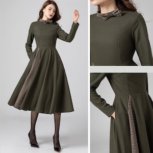 Wool Dress Women, Midi Wedding Dress, Elegant Dress, Warm Winter Dresses, Pleated Dress, Army Green Wool Dress, Patchwork Dress C3580