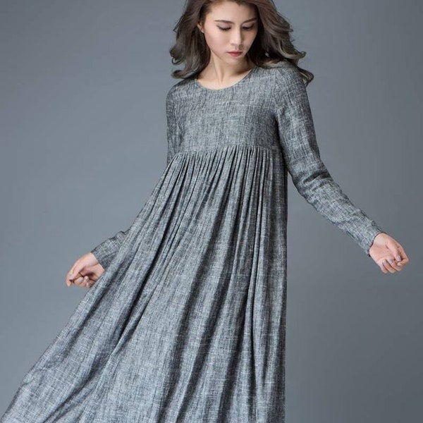 Maxi Linen dress - Comfortable Linen Loose-Fitting Long Sleeved Everyday Marl Grey Midi-Length Woman's Dress C808