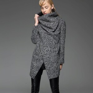Asymmetrical Wool Coat, winter coat women, Gray Wool Boucle Coat with Front Zipper and Large Cowl Neck Collar, Autumn Winter Outerwear C134 image 5