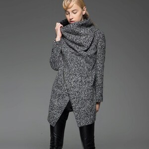 Asymmetrical Wool Coat, winter coat women, Gray Wool Boucle Coat with Front Zipper and Large Cowl Neck Collar, Autumn Winter Outerwear C134 C2-Gray black- C745