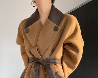 Winter long wool coat, Camel wool coat, Wool wrap coat, Wool coat with belt, Elegant wool coat, Wool camel coat women, Ylistyle C3086