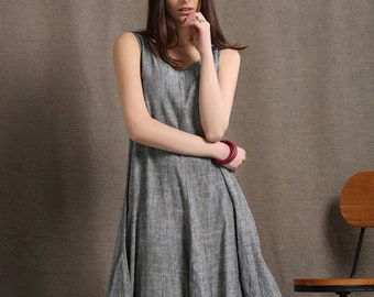 Robe longue grise - Robe d'été longue sans manches en lin gris chiné avec jupe en forme de tulipe Robe grande taille faite main C 417