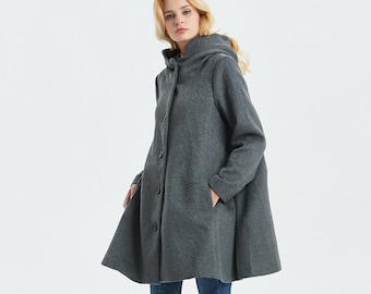 Cappotto di lana con cappuccio, cappotto di lana Swing in grigio, cappotto invernale da donna, cappotto invernale caldo, cappotto taglie forti, cappotto classico, cappotto personalizzato, Ylistyle C1317