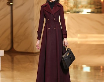 Wool coat, Long wool coat, Burgundy swing wool coat, A line wool coat, Womens wool coat, Winter warm coat, Custom coat, Ylistyle C3709