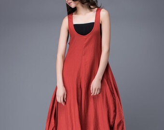 Red Linen Dress, Summer dress, Free-Style Casual Loose-Fitting Tulip-Shaped Everyday Modern Contemporary Unique Designer Dress C888