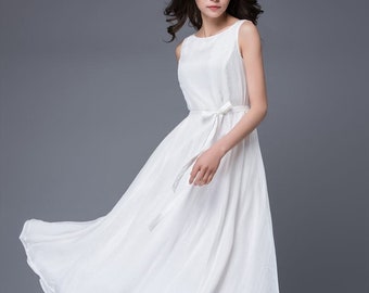 White dress, Chiffon Dress, Handmade Simple Elegant Floaty Semi-Fitted Long Summer Prom Party or Wedding Dress with Self-Tie Belt C879