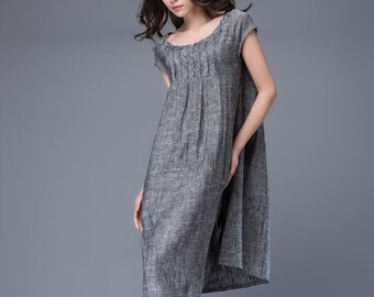 Gray Tunic dress,Linen dress, maternity dress, Midi Linen Women's Summer Dress with Cap Sleeve & Scoop Neck Mid-Length Plus Size Dress C886