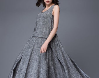 Gray Linen Dress - Layered Flowing Elegant Sleeveless Long Summer Dress with Scoop Neck Handmade Clothing C881