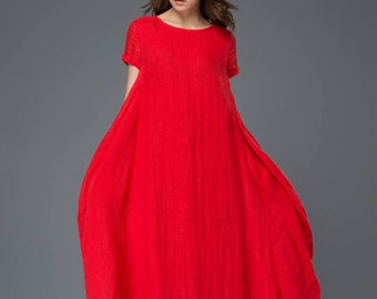 Casual Linen Dress - Red Lagenlook Comfortable Loose-Fitting Flowing T-Shirt Short-Sleeved Woman's Day Dress Plus Size Clothing C901