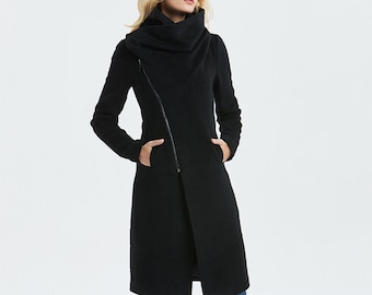 Wool coat, Asymmetrical wool coat, Black wool coat, warm winter coat, winter coat women, minimalist coat, warm casual coat, Ylistyle C1327