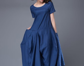 Blue Linen Dress - Lagenlook Long Maxi Short-Sleeved Loose-Fitting Asymmetrical Designer Dress with Large Pockets C883